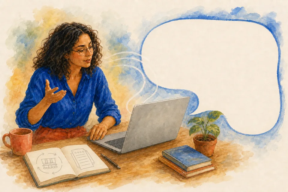 Maya speaks with ClarifyWhy through her laptop about her bookkeeping startup idea.