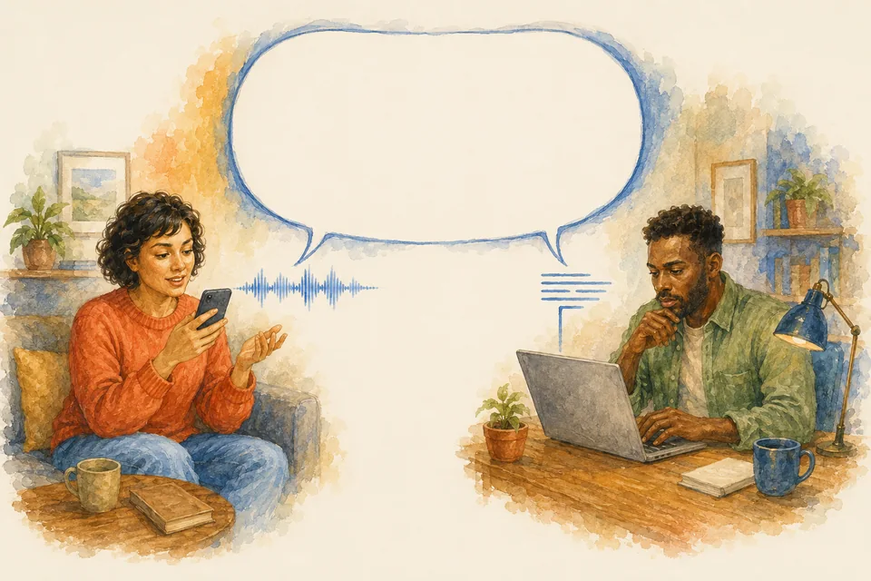 A woman speaks into her phone and a man types at his laptop, each in a separate conversation with ClarifyWhy’s AI interviewer.